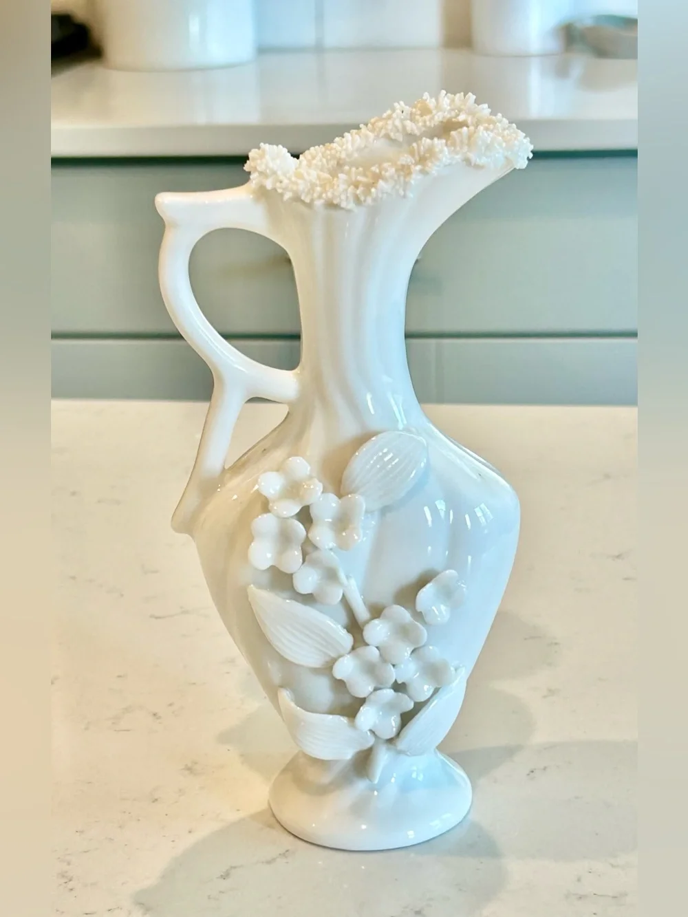Vintage Ardalt Japan Verithin White Porcelain Vase with Floral Appliqué